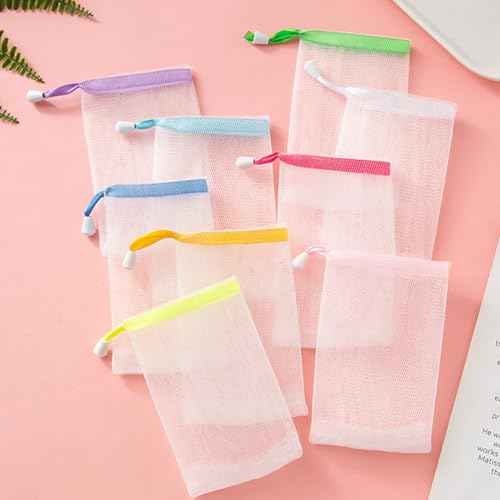 20 Pcs Exfoliating Mesh Soap Pouch Drawstring Foam Bag Soap Saver Sack Soap Foaming Net for Face Washing Color Random