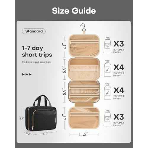 HOTOR Travel Toiletry Bag for Women & Men, Waterproof Makeup Bag with Hanging Hook and Multiple Pockets, Cosmetic Bags for Women, Travel Essentials, 11.2'' x 3.2'' x 8.9'', Black