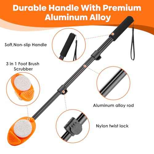 Foot Scrubber with Pumice Stone, 3 in 1 Adjustable Aluminum Tube 15¡±-28¡± Shower feet Dead Skin Remover, Foot Cleaning Brush for Seniors,Elderly, Disabled Men and Women