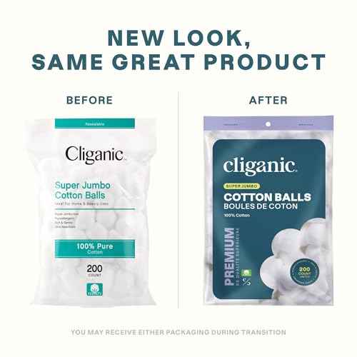 Cliganic Super Jumbo Cotton Balls (200 Count) - Hypoallergenic, Absorbent, Large Size, 100% Pure (Packaging May Vary)