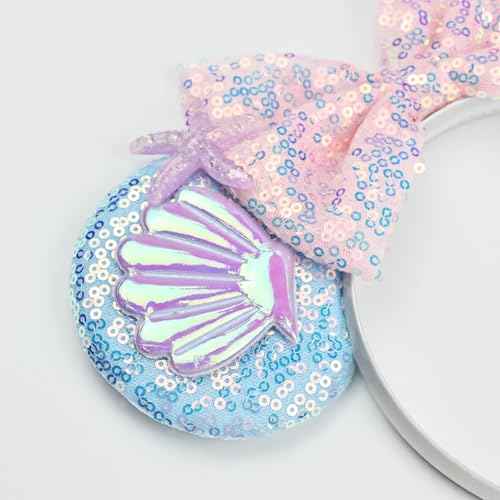 JIAHANG Mermaid Mouse Ears Headband with Sequin Bow, Seashell Hair Band Party Decoration Headwear for Women Girls