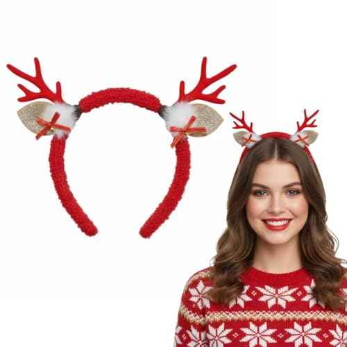 Glitter Red Reindeer Antlers Headband with Pom Poms, Christmas Hair Accessory for Women Girls Teens, Xmas Party Costume with Santa & Tree