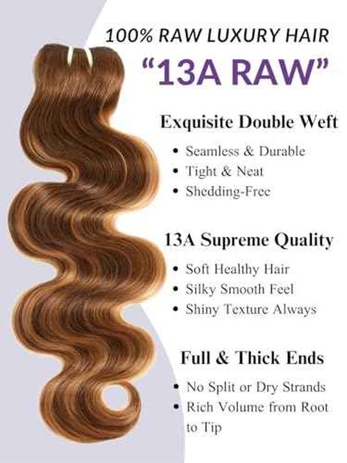 HERMOUS 13A Double Drawn Honey Blonde Highlight Thick Body Wave Bundles Raw Human Hair 20 Inch, Shed Free Ombre Brown Soft 100% Raw Human Hair Single Bundles Colored P4/27 Quick Weave