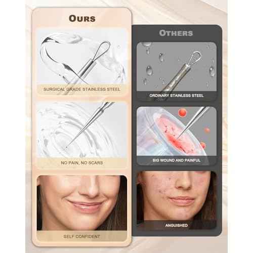 SGNEKOO Professional Facial Milia Removal Tool and Whitehead Extractor,Titanium Alloy Double Ended Needle and Steel Tweezers Kit,Blackhead,Blemish,Zit and Pimple Acne Remover Popper (Stainless Silver)