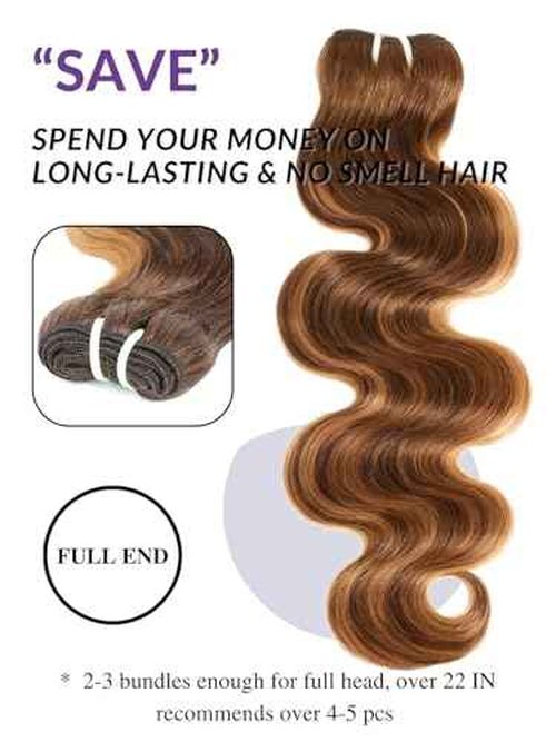 HERMOUS 13A Double Drawn Honey Blonde Highlight Thick Body Wave Bundles Raw Human Hair 20 Inch, Shed Free Ombre Brown Soft 100% Raw Human Hair Single Bundles Colored P4/27 Quick Weave
