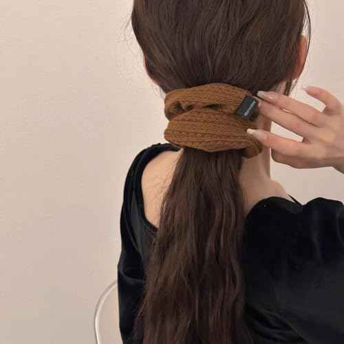 Scrunchies for Women's Hair 3Pcs Brown Camel Black Knit Scrunchies for Long Thick Curly Hair Ultra Textured Soft Hair Bands Neutral Scrunchie Cute Ponytail Holders No Damage Elastic Hair Ties
