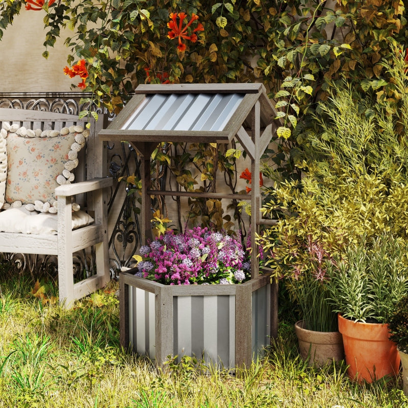 Wooden Wishing Well Planter, Raised Garden Bed With Galvanized