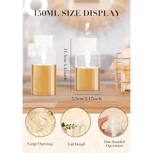2 Pack Push Down Pump Dispenser, Empty Pump Bottle Dispenser with DlY Lables for Nail Polish, Makeup Remover, Alcohol, Facial Toner 5.1oz/150ML
