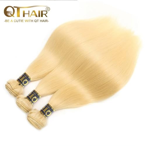 QTHAIR #613 Blonde Hair Straight Human Hair Bundles (10" 12" 14",300g)16A Grade 100% Brazilian Color #613 Platinum Blonde Straight Brazilian Virgin Human Hair 3 Bundles