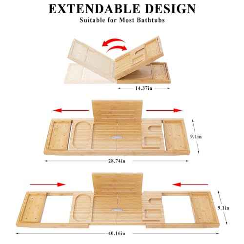 AUTODECO Bathtub Tray, Bamboo Bath Tray for Tub, Expandable Bath Tray with Bamboo Book Stand, Soap Tray, Bathtub & Bathroom Accessories Perfect for Home Spa, Natural Colour