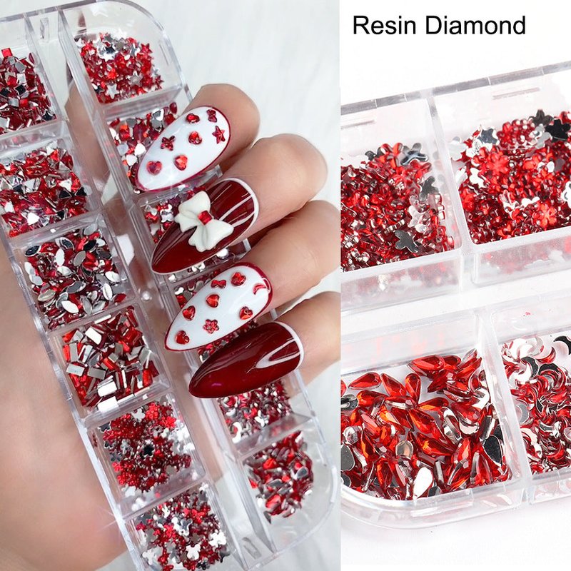 12 Grid Crystal Glass Diamond Nail Stickers Set