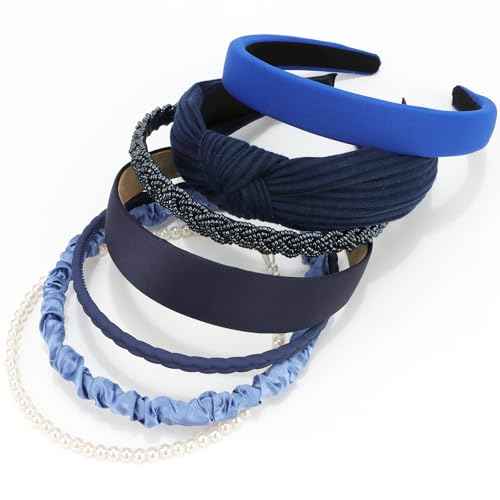 VELSCRUN Headbands for Women 7 Pcs Different Navy Blue Knotted Solid Pearl Head Bands Non Slip Hair Band for Womens Gilrs Thin Thick Short Hair Fashion Accessories