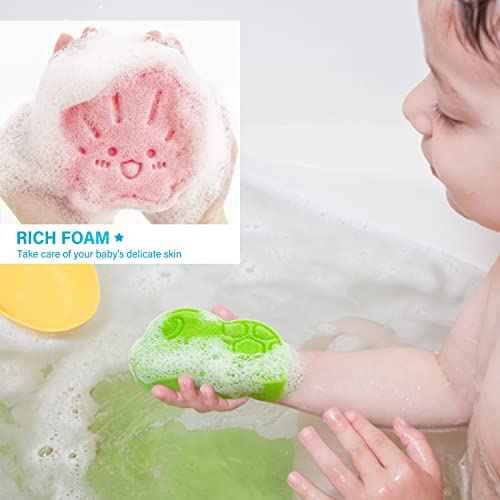 Baby Bath Sponge, Natural Cute Shapes Soft Shower Sponges for Bathing, Bathtub Foam for Infants and Toddler, 3pcs : Blue Dolphin, Pink Shell, Green Turtle