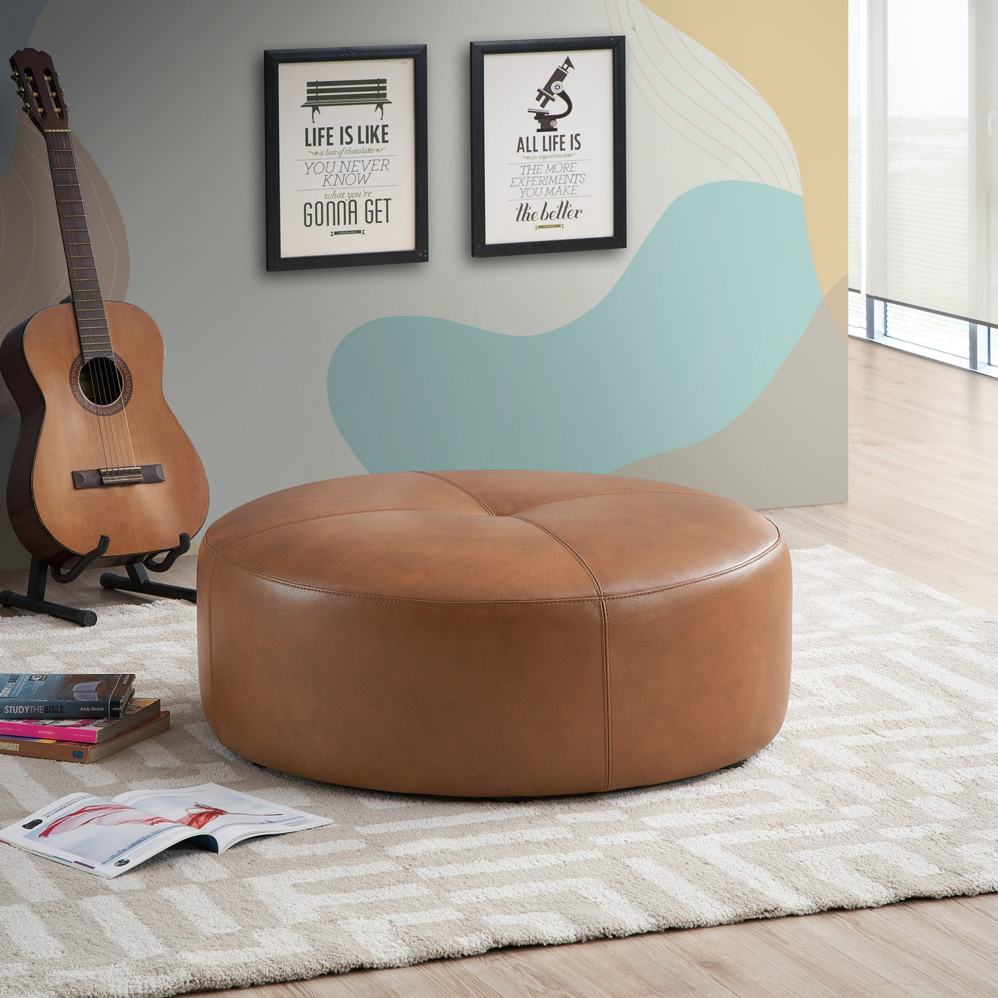 Rochelin Tan Leather Ottoman 36 Floor Footrest Cushion