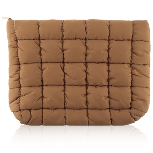 Brown Puffy Makeup Bag, Quilted Makeup Bag Cosmetic Bag Travel Puffer Makeup Pouch Cute Toiletry Zipper Bag cared Makeup Organizer Pouch Storage Clutch for Women(Brown)