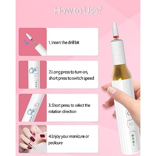 Nail Drill,Cordless Electric Files for Gel Nails E-File Manicure Kit Women Rechargeable Drill para U?as Profesional Machine Grinder Acrylic White (M918)
