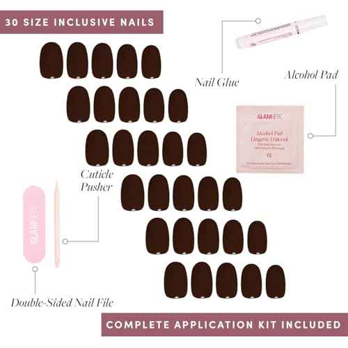Glamnetic Press On Nails - Bark Brown | Opaque Dark Brown Short Round Fake Nails, Salon Quality | 12 Sizes - 30 Nail Kit