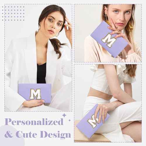 Personalized Makeup Bag Initial A-Z Preppy Patch Bag,Small PU Leather Travel Cosmetic Bag Pouch with Zipper,Purple Cute Toiletry Bag,Gift Ideal for Teen Girls Women Birthday Friend Mom,Latter M