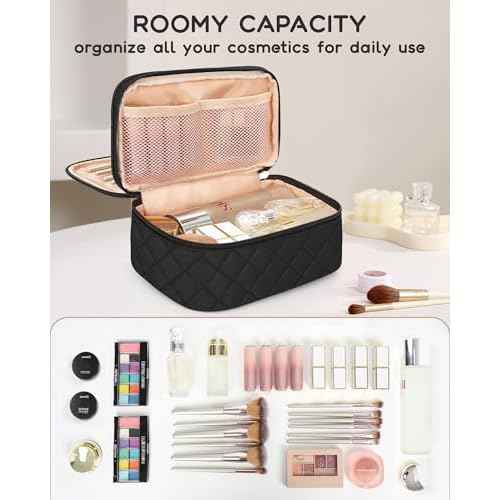 Relavel Makeup Bag, Small Makeup Bag for Women, Travel Cosmetic Bag, 2 Layers Waterproof Makeup Organizer Storage with Makeup Brush Holder, Black