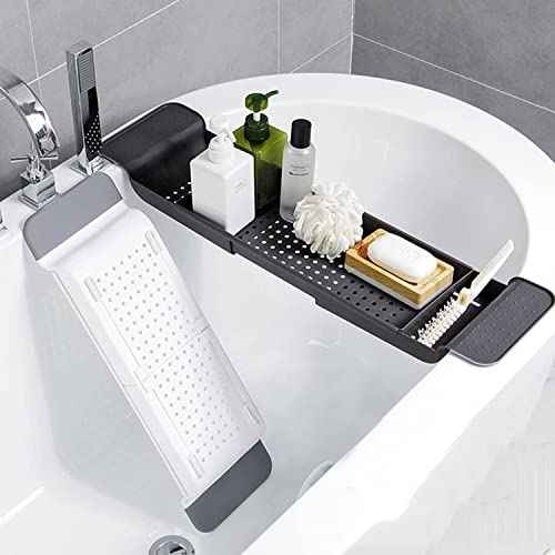 Expandable Drain Bath Shelf Caddy Tray, Multifunctional Plastic Bathtub Tray Bathroom Organizer Simple Stylish Bathtub Storage Rack for Candle Towel, Book, Wine, Phone, Shower