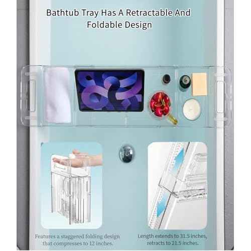 Bathtub Caddy Tray,Adjustable Bathtub Tray Table, Bath Organizer for Relaxing Spa-Features 2 Cup Holders, A Phone Stand with 5 Angle Adjustments,Non-Slip Silicone Pads,Won't Get Moldy,Easy to Clean.