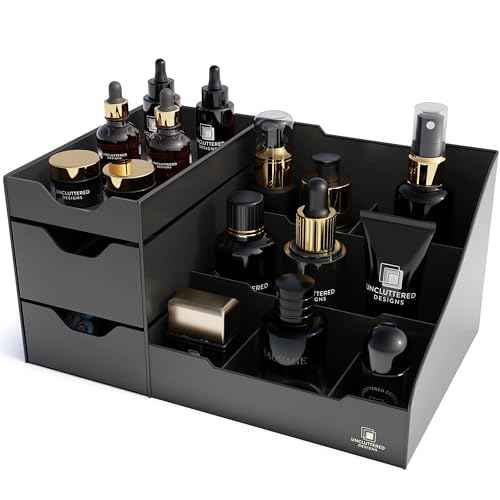 Uncluttered Designs Large Black Vanity Organizer - Countertop Mens Organizer With Drawers for Cologne, Deodorant, Beard, Shaving Lotion, Perfume & Skincare - Perfect for Bathroom & Bedroom Storage