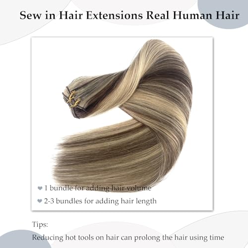 Sew in Hair Extensions Real Human Hair, Weft Hair Extensions Human Hair Bundles, Brown Balayage Ash Blonde Hand Tied Weft Hair Extension Human Hair, 22 Inch 120G Sew in Extensions for Women
