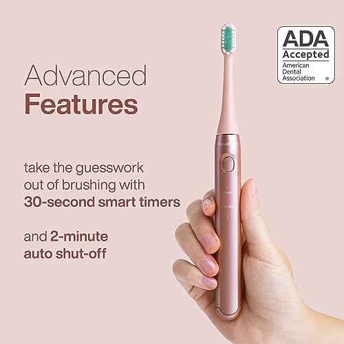 Aquasonic Icon ADA-Accepted Rechargeable Toothbrush | Magnetic Holder & Slim Travel Case | 2 Brushing Modes & Smart Timers | Gentle Micro-Vibrations (Blush)