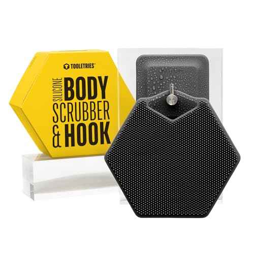 TOOLETRIES Body Scrubber & Hook - Premium Silicone Scrub for Cleaning, Exfoliating and Invigorating Your Skin - Shower Accessories - Durable & Long Lasting Body Wash Scrubber for Men - Charcol