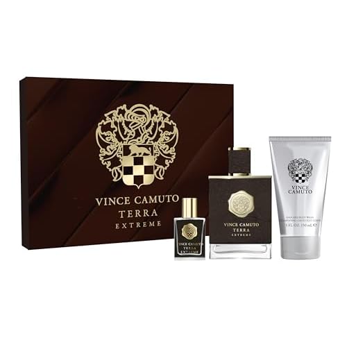 Vince Camuto Terra Extreme 3 PC Men's Gift Set, Warm, Woody Oriental Fragrance, Christmas Gift for Him, Includes Eau de Toilette 3.4 Fl Oz + Travel Size Mini 0.5 Fl Oz + 5 Fl Oz Hair & Body Wash