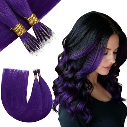 RUNATURE Nano Hair Extensions Real Human Hair Purple Nano Bead Hair Extensions 20 Inch Long Hair Cold Fusion Hair Extension No Glue Remy Natural Hair 50g 50s