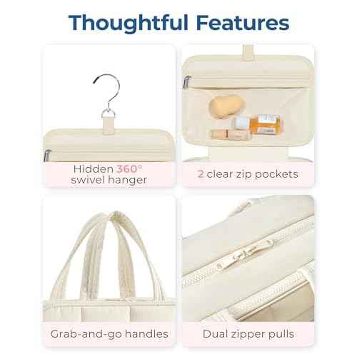 BAGSMART Travel Toiletry Bag with Jewelry Organizer, Hanging Travel Bag for Toiletries, Puffy Makeup Cosmetic Bag Organizer, Carry-on Travel Accessories Essentials, Beige-M