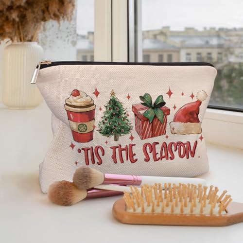 Tis the Season Christmas Makeup Bag, Red Santa Hat Gift Box Cocoa Christmas Tree Cosmetic Bags with Zipper for Women's Gifts