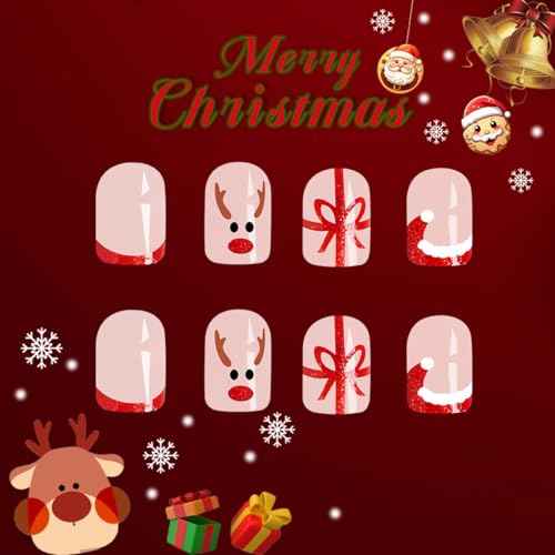 24 Pcs Christmas Press on Nails Short Square - SHANRUN Xmas Pink Fake Nails Press ons Nail Art Tip Glue on Nails Full Cover Artificial Acrylic False Nails Stick on Nails Red Hat French Gift Box Design
