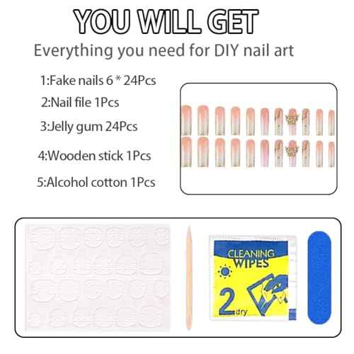 White French Tip Press On Nails Long Square Girls Fake Nails with 3D Butterfly and Gold Glitter Design, Acrylic Artificial False Nails Press Ons Stick On Nails for Women