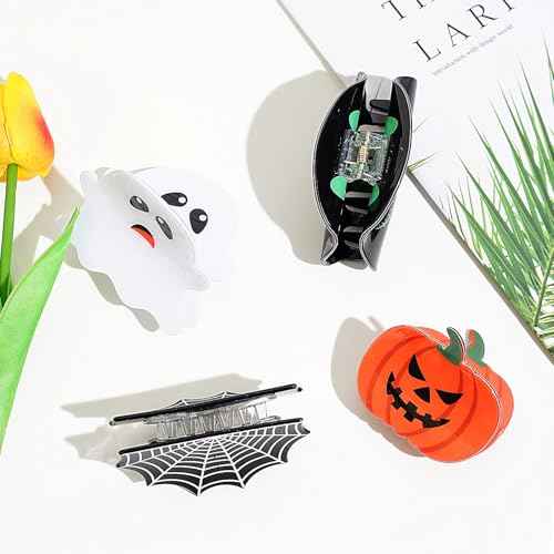 4 Pack Halloween Hair Claw Clips for Women Girls, Pumpkin Ghost Spider Web Bat Gothic Horror Hair Clips Halloween Hair Accessories