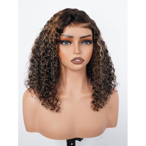 ISEE Hair Highlight Glueless Bob Wigs Human Hair Pre Plucked Pre Cut 2/30 Honey Blonde Curly Human Hair Wig for Black Women Ombre Water Wave 5x7 HD Lace Closure Wigs with Elastic Band 10 Inch