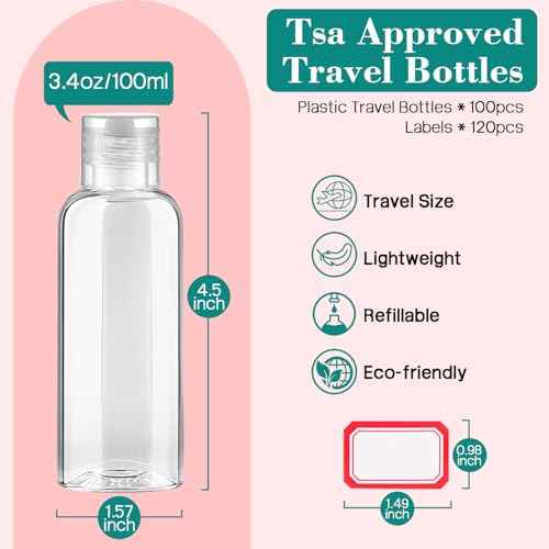100pcs Empty 3.4 oz Travel Bottles with Flip Cap Tsa Approved Leakproof Plastic Squeeze Small Shampoo Bottles for Toiletries Liquids Travel Essentials Containers for Lotion, Party favors, Bulk Gifting