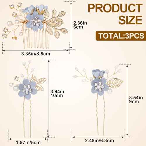 3pcs Flower Tassel Hair Pins, Vintage Chinese Rhinestones Pearl Hair Sticks, Floral Bun Updo Hair Comb Clip, Bridal Headpiece for Women Wedding, Parties - Blue