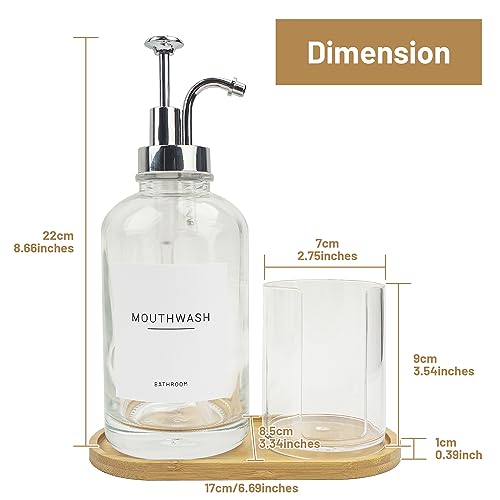17OZ Mouthwash Clear Glass Pump Dispenser with Disposable Mouthwash Cups Holder Refillable Clear Container with Bamboo Tray, Mouthwash Labels