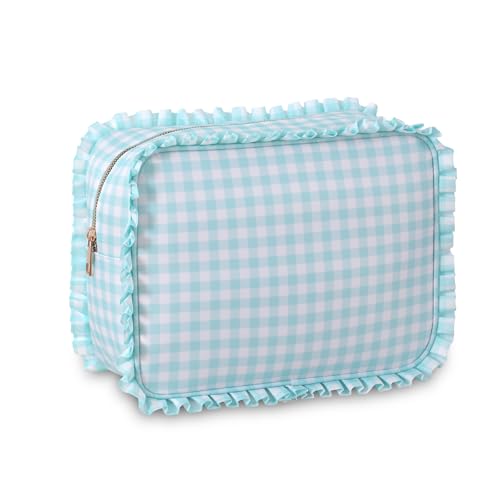 Gingham Ruffle Makeup Bag,Large Travel Cute Cosmetic Bag for Women Girls,Toiletry Bag Make up Organizer 10.8 x 4.5 x 8 inch (Mint Gingham)
