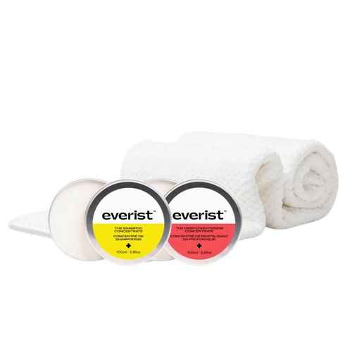 Everist The Healthy Hair Starter Kit Tins: The Shampoo and The Deep Conditioner Concentrate Tins 3.4 fl oz, The Quick-Dry Hair Towel, 50+ uses