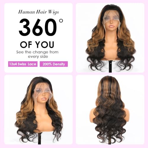 Highlight Ombre Lace Front Wig Human Hair Body Wave Lace Front Wigs Human Hair Pre Plucked 13x4 1B/30 Brown Highlight Wig 200 Density Colored 26 Inch Balayage Wigs for Women