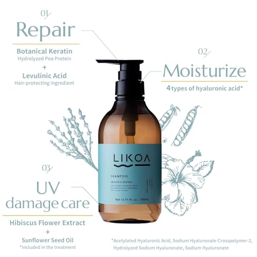 LIKOA, Smooth and Neutral Shampoo and Treatment Set, Vegan, Halal, Lightweight Moisture for Fine, Dry, or Tangle-Prone Hair, Botanical Hair Care, White Floral Scent, Made in Japan, 16.9/17.64 Fl oz