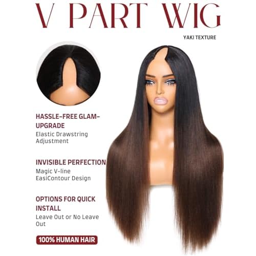 Beauty Forever V Part Wig Human Hair Yaki Straight EasiContour Vpart Wigs No Leave Out Ombre Chestnut Brown Glueless Upgraded U Part Wigs for Women None Lace Front Wigs T128 Color 150% Density 18inch