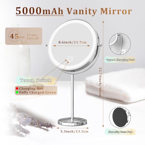 9in Makeup Mirror with Lights, 3x/20x 5000mAh Rechargeable Lighted Makeup Mirror with Magnification, 360¡Æ Rotate Magnifying Mirror,3 Color,Dimmable up,3800lux,80 LEDs,No Height Adjustment,Silvery