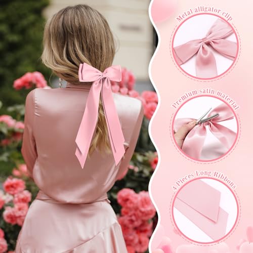 Mimorou 16 Pcs Satin Hair Bows for Women Girls Bulk Long Hair Bow Clips with Long Tail Silky Ribbon Barrettes Ponytail Holder Accessories Christmas Birthday Wedding Holiday Gifts