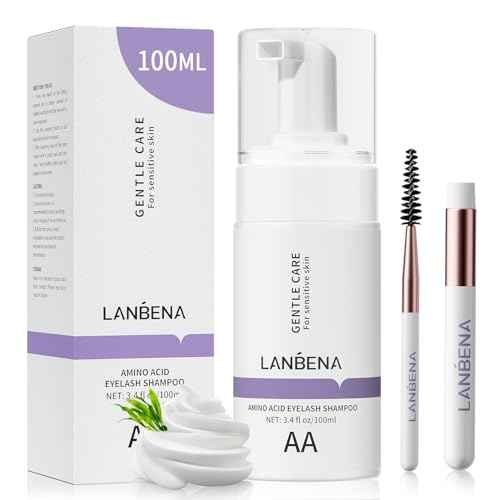 LANBENA 100ml Eyelash Extension Cleanser/Shampoo with AMINO ACID, Oil Free Foam Bath Lash Cleaning Kit with Brush,Home Salon Use