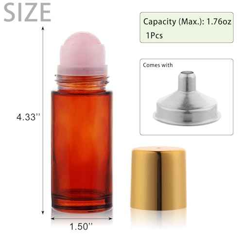1.7oz Large Amber Glass Roll on Bottles for Essential Oils Perfume Refillable Roller Ball Applicator Empty Deodorant Containers with Pink Crystal Rollerball