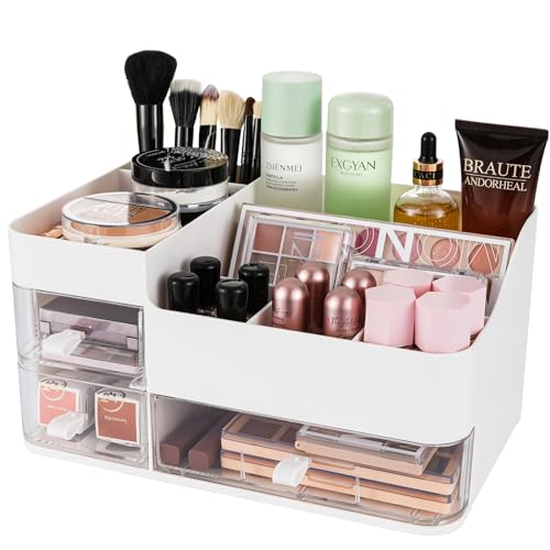 KLGO Makeup Organizer and Storage Cosmetic Display Case With 3 Clear Drawers Skincare Organizer for Bathroom Make Up Stand for Vanity Lipsticks, Jewelry, Nail Care, Eyeshadow, Skincare